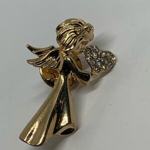 VTG Avon Signed NR Goldtone Angel, Heart With Rhinestones Pin